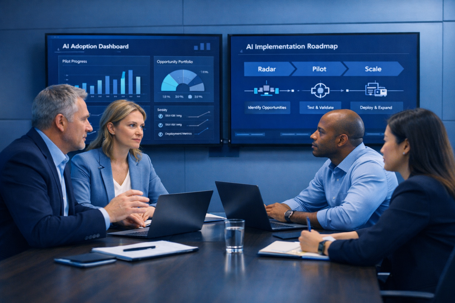 Diverse professionals around a boardroom table reviewing AI adoption dashboards showing pilot progress and implementation roadmap
